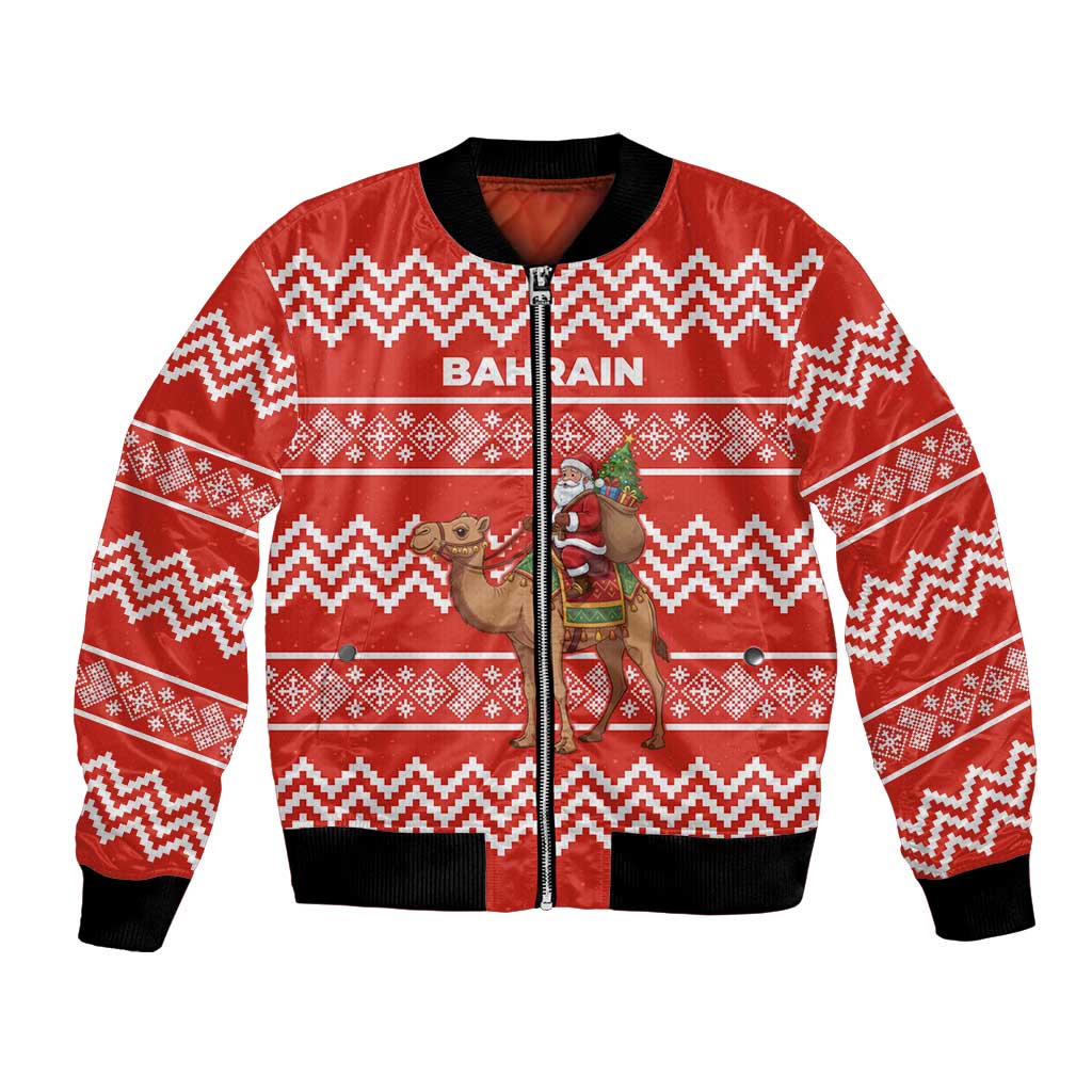Bahrain Christmas Bomber Jacket with Santa Riding Camel Red Geometric Pattern and Festive Design - Wonder Print Shop