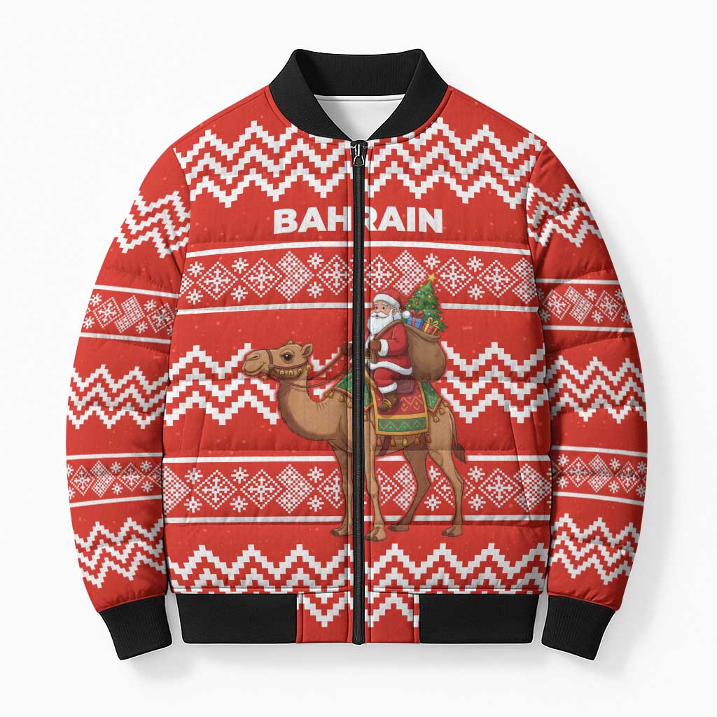 Bahrain Christmas Bomber Puffer Jacket with Santa Riding Camel Red Geometric Pattern and Festive Design - Wonder Print Shop