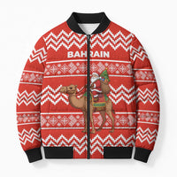 Bahrain Christmas Bomber Puffer Jacket with Santa Riding Camel Red Geometric Pattern and Festive Design - Wonder Print Shop