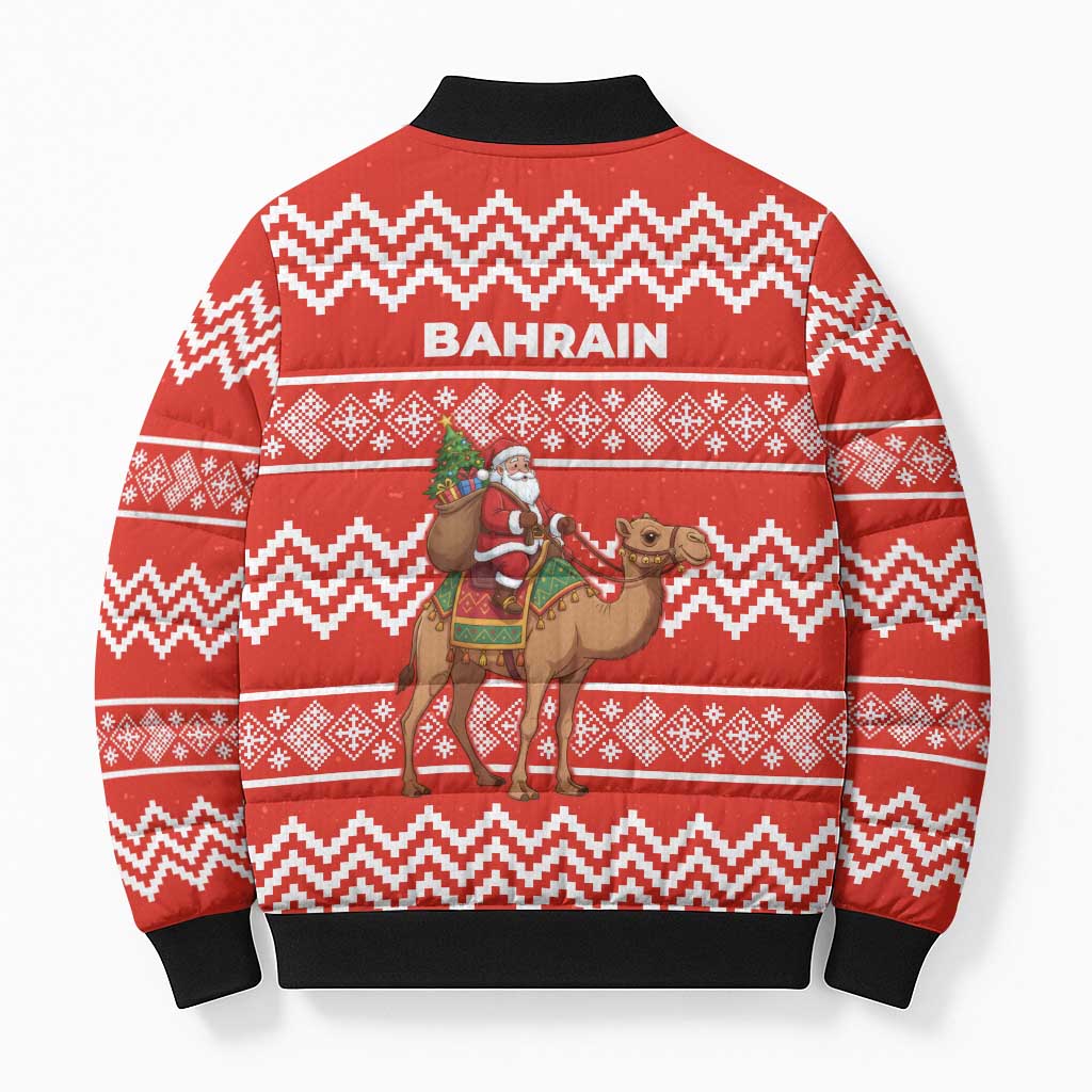 Bahrain Christmas Bomber Puffer Jacket with Santa Riding Camel Red Geometric Pattern and Festive Design - Wonder Print Shop