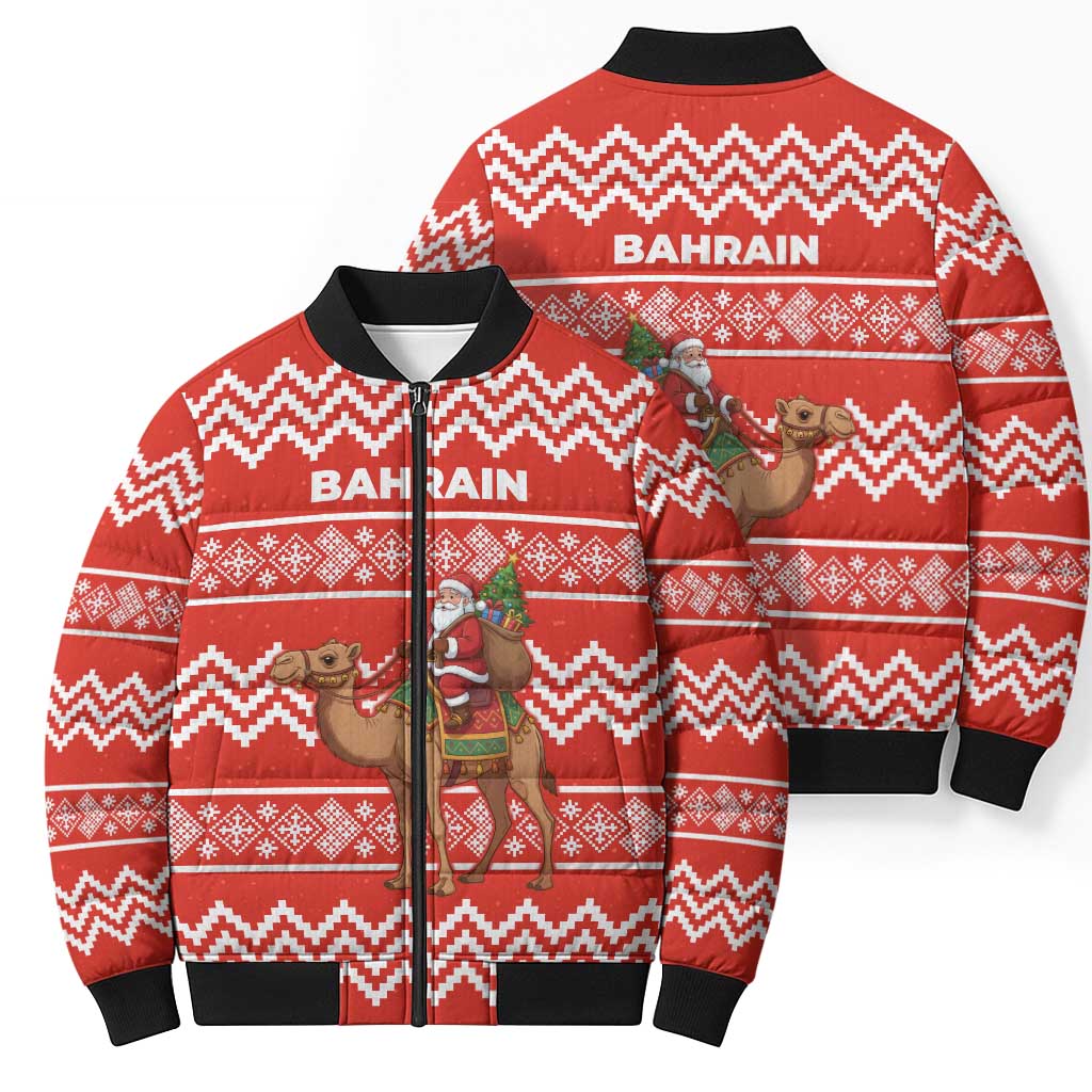 Bahrain Christmas Bomber Puffer Jacket with Santa Riding Camel Red Geometric Pattern and Festive Design - Wonder Print Shop