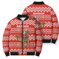 Bahrain Christmas Bomber Puffer Jacket with Santa Riding Camel Red Geometric Pattern and Festive Design - Wonder Print Shop