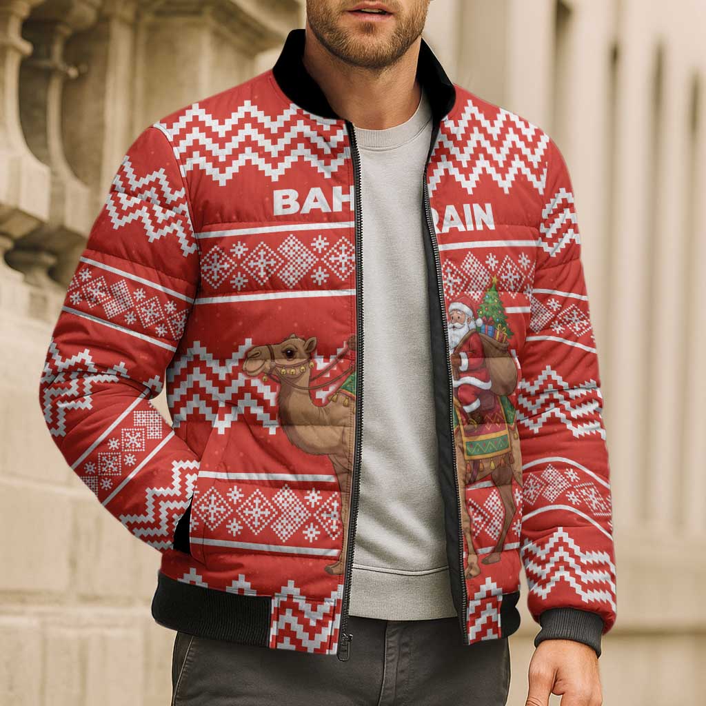 Bahrain Christmas Bomber Puffer Jacket with Santa Riding Camel Red Geometric Pattern and Festive Design - Wonder Print Shop