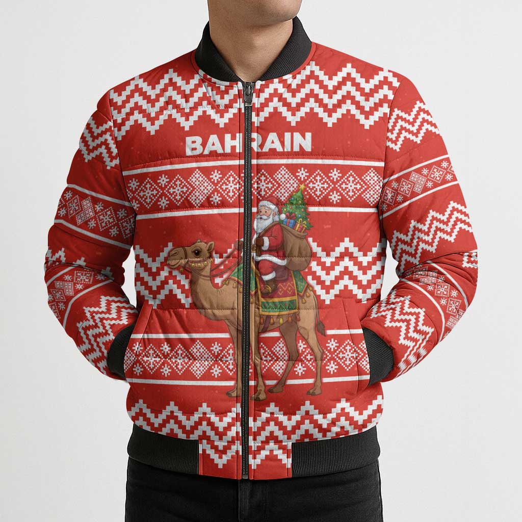 Bahrain Christmas Bomber Puffer Jacket with Santa Riding Camel Red Geometric Pattern and Festive Design - Wonder Print Shop