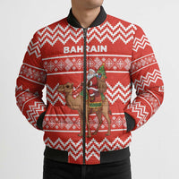 Bahrain Christmas Bomber Puffer Jacket with Santa Riding Camel Red Geometric Pattern and Festive Design - Wonder Print Shop
