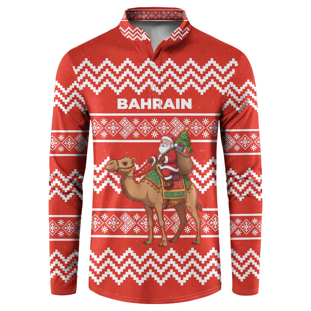 Bahrain Christmas Button Sweatshirt with Santa Riding Camel Red Geometric Pattern and Festive Design - Wonder Print Shop