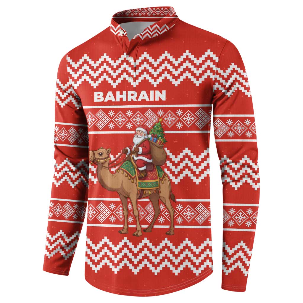 Bahrain Christmas Button Sweatshirt with Santa Riding Camel Red Geometric Pattern and Festive Design - Wonder Print Shop
