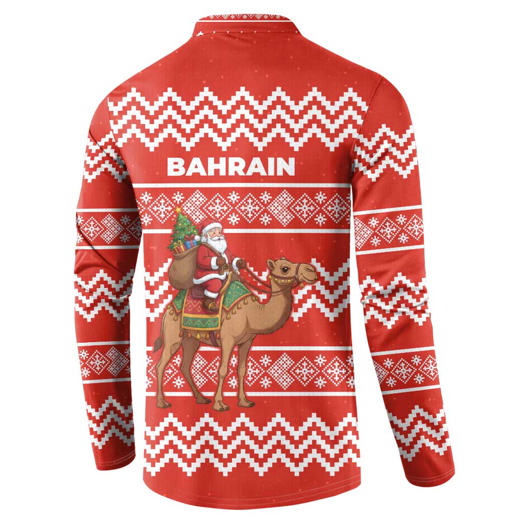 Bahrain Christmas Button Sweatshirt with Santa Riding Camel Red Geometric Pattern and Festive Design - Wonder Print Shop
