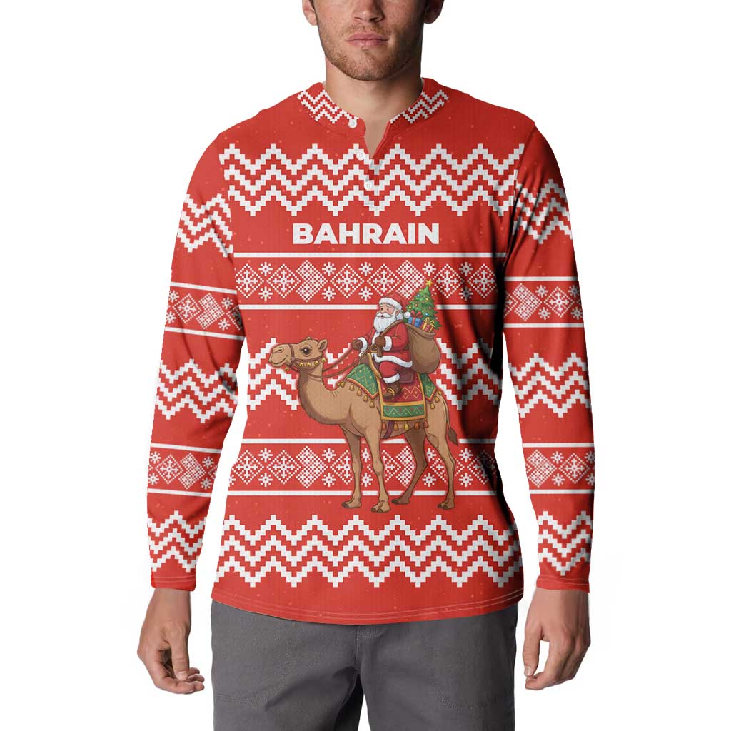 Bahrain Christmas Button Sweatshirt with Santa Riding Camel Red Geometric Pattern and Festive Design - Wonder Print Shop