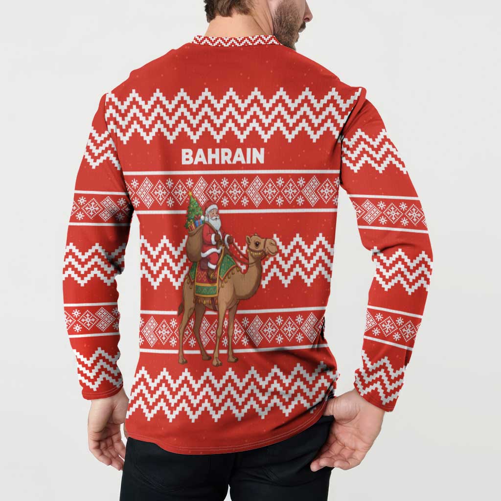 Bahrain Christmas Button Sweatshirt with Santa Riding Camel Red Geometric Pattern and Festive Design - Wonder Print Shop
