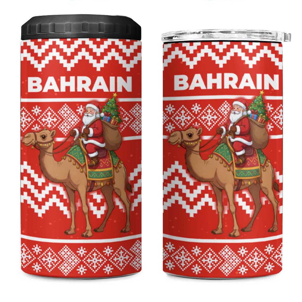 Bahrain Christmas 4 in 1 Can Cooler Tumbler with Santa Riding Camel Red Geometric Pattern and Festive Design - Wonder Print Shop