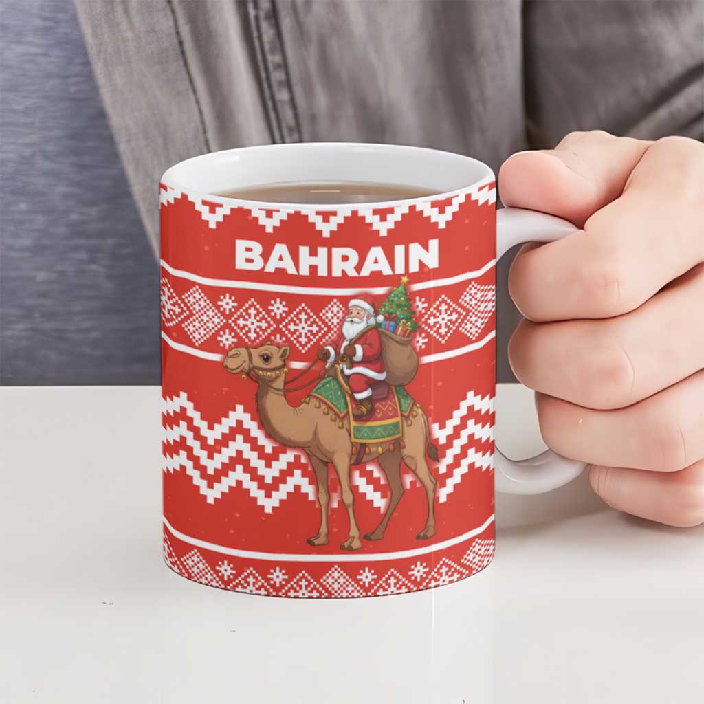 Bahrain Christmas Ceramic Mug with Santa Riding Camel Red Geometric Pattern and Festive Design - Wonder Print Shop