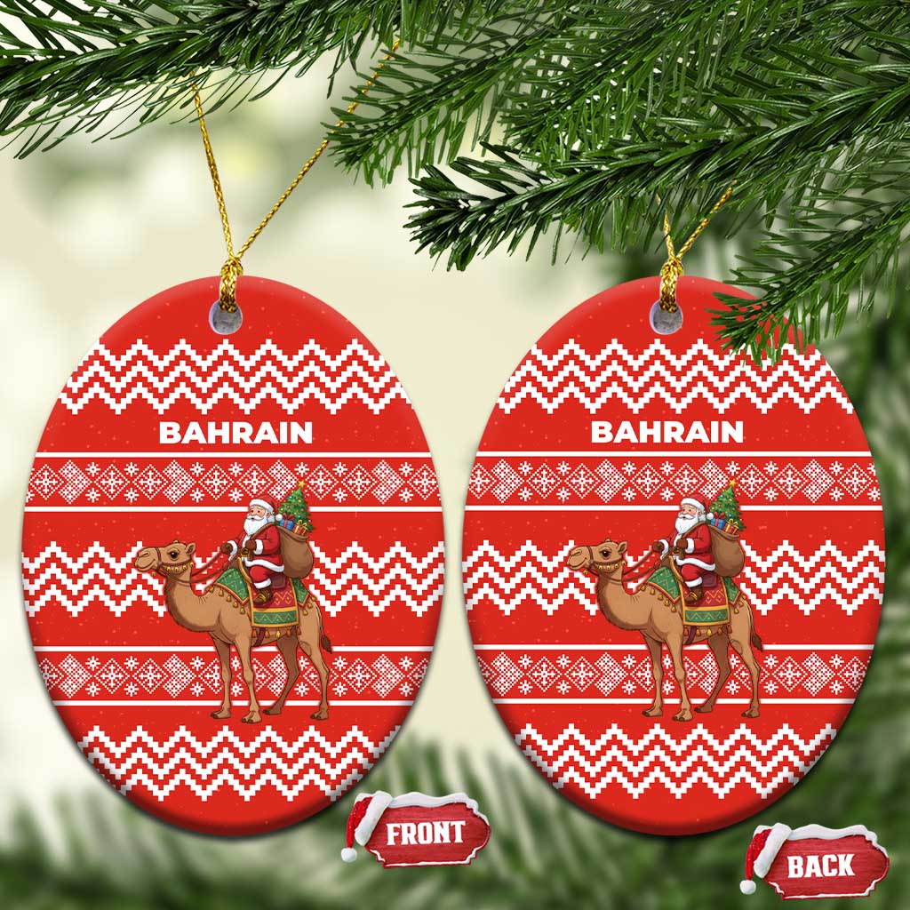 Bahrain Christmas Ceramic Ornament with Santa Riding Camel Red Geometric Pattern and Festive Design - Wonder Print Shop