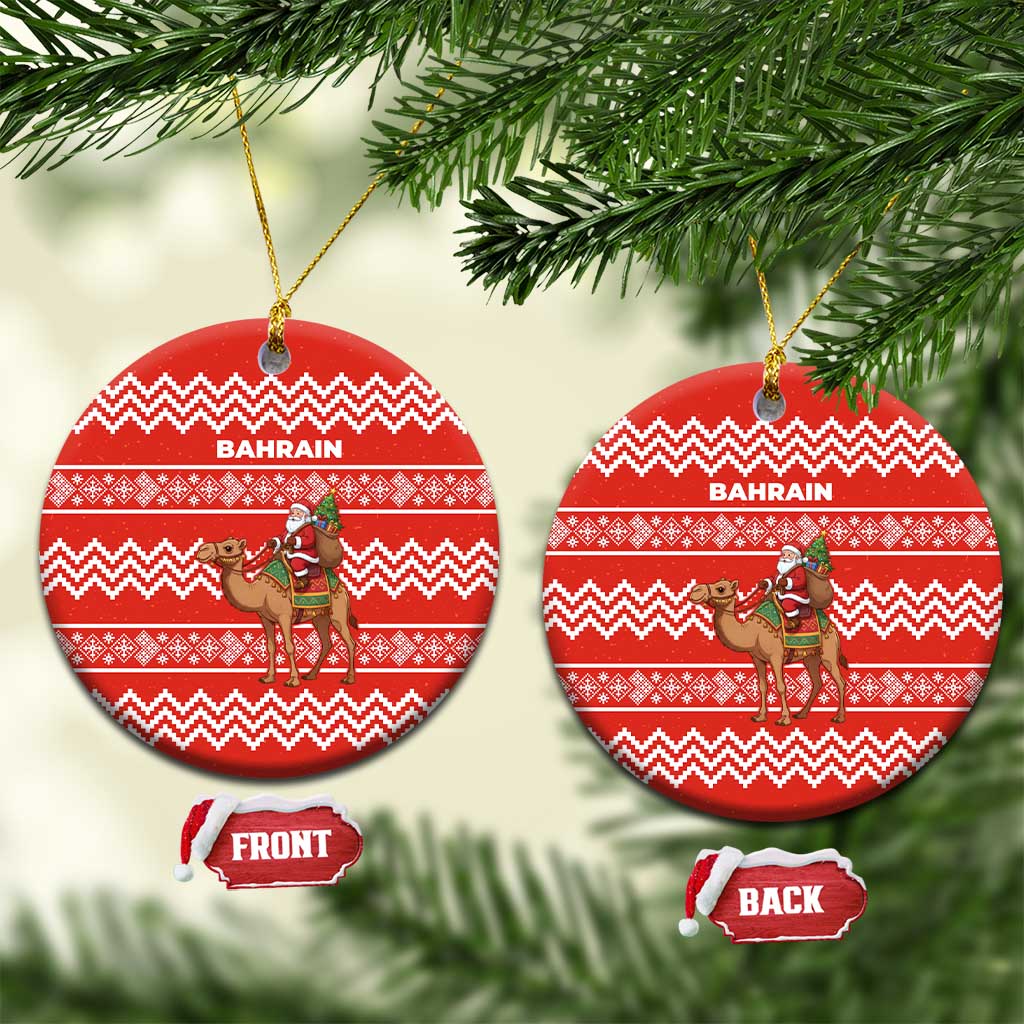 Bahrain Christmas Ceramic Ornament with Santa Riding Camel Red Geometric Pattern and Festive Design - Wonder Print Shop