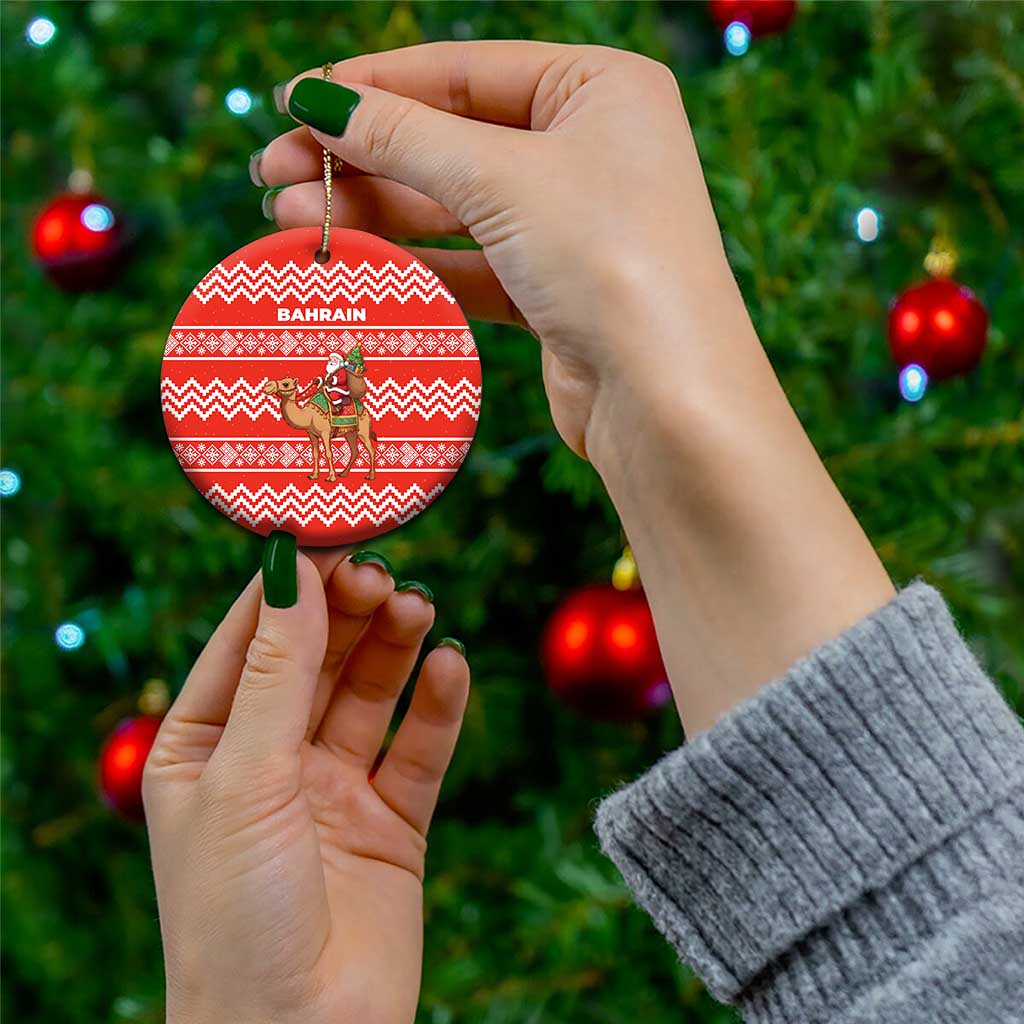 Bahrain Christmas Ceramic Ornament with Santa Riding Camel Red Geometric Pattern and Festive Design - Wonder Print Shop