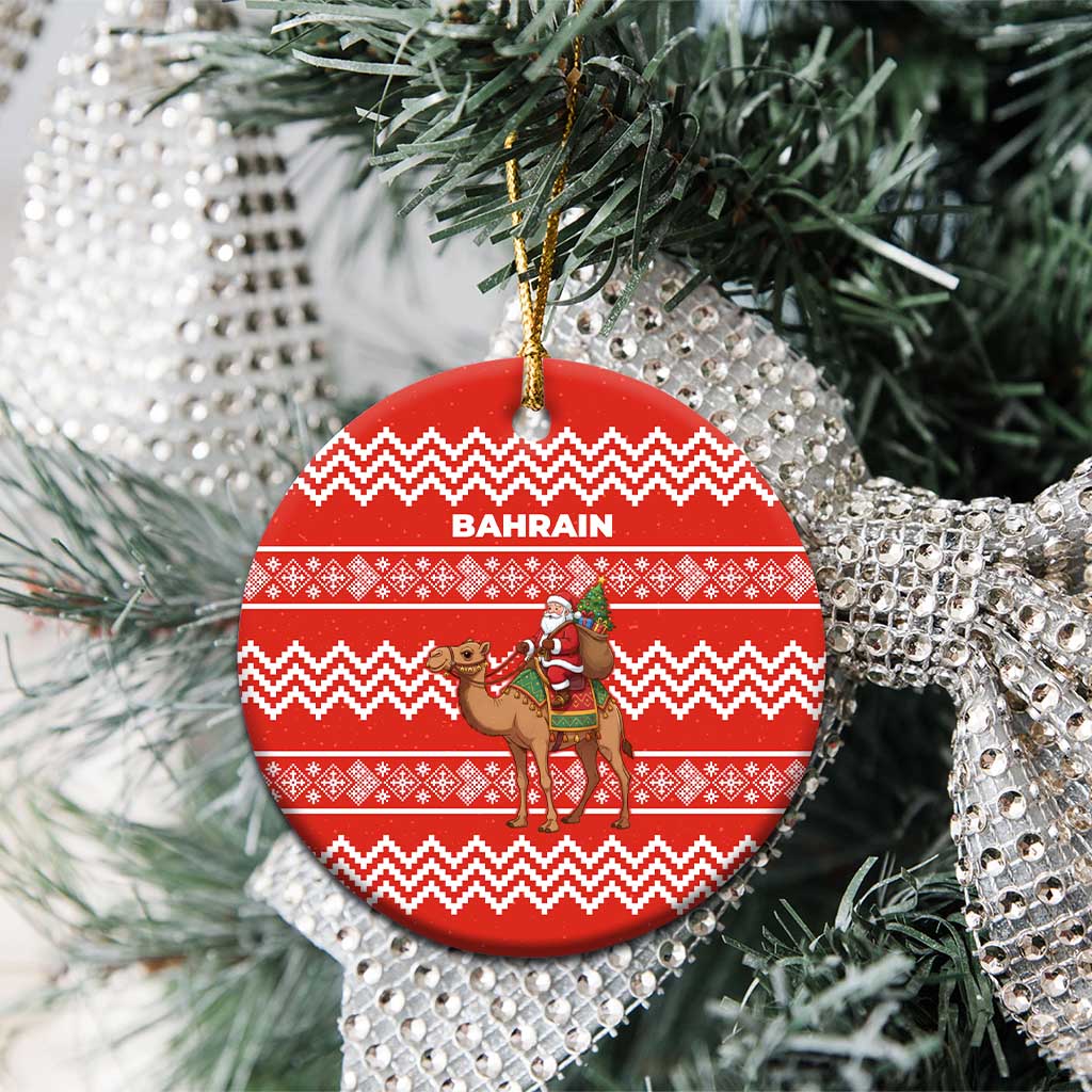 Bahrain Christmas Ceramic Ornament with Santa Riding Camel Red Geometric Pattern and Festive Design - Wonder Print Shop