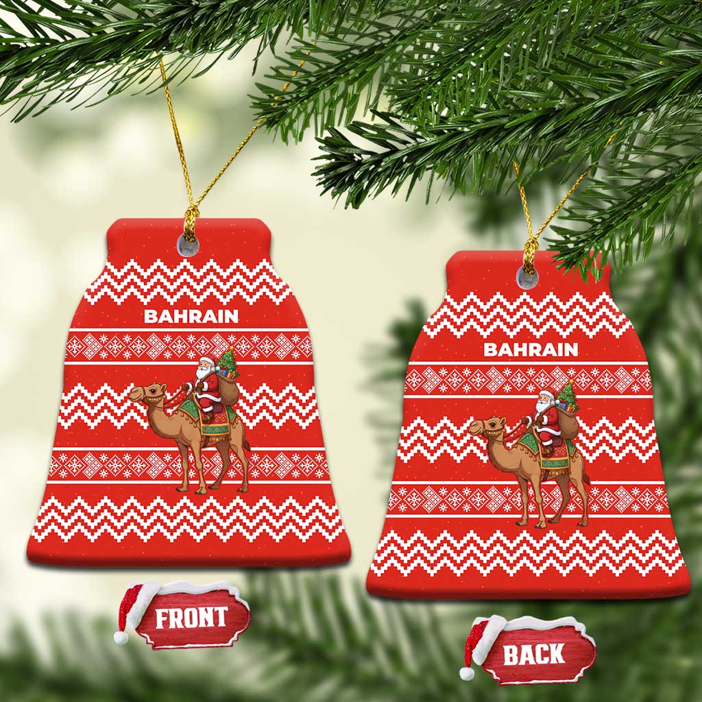 Bahrain Christmas Ceramic Ornament with Santa Riding Camel Red Geometric Pattern and Festive Design - Wonder Print Shop