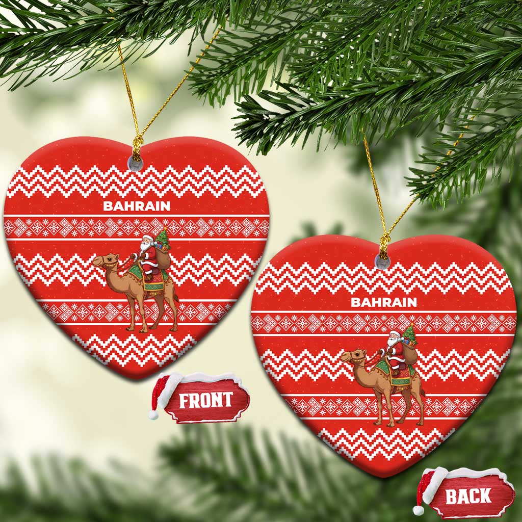 Bahrain Christmas Ceramic Ornament with Santa Riding Camel Red Geometric Pattern and Festive Design - Wonder Print Shop