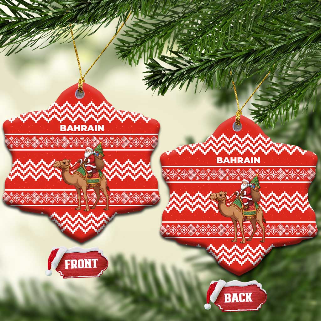 Bahrain Christmas Ceramic Ornament with Santa Riding Camel Red Geometric Pattern and Festive Design - Wonder Print Shop