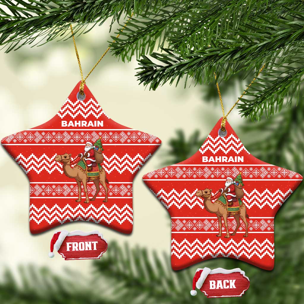 Bahrain Christmas Ceramic Ornament with Santa Riding Camel Red Geometric Pattern and Festive Design - Wonder Print Shop