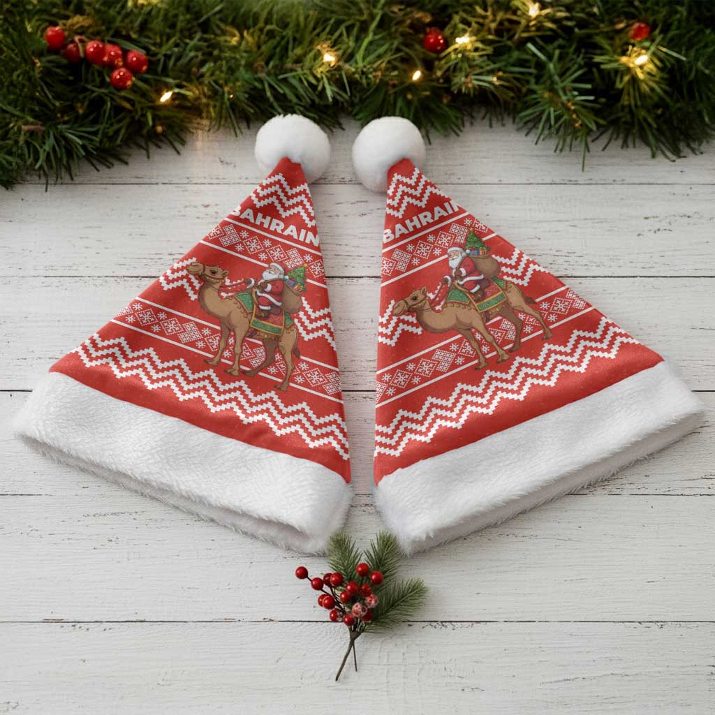 Bahrain Christmas Santa Hat with Santa Riding Camel Red Geometric Pattern and Festive Design - Wonder Print Shop