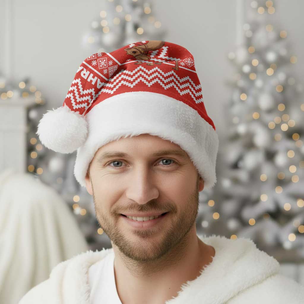 Bahrain Christmas Santa Hat with Santa Riding Camel Red Geometric Pattern and Festive Design - Wonder Print Shop