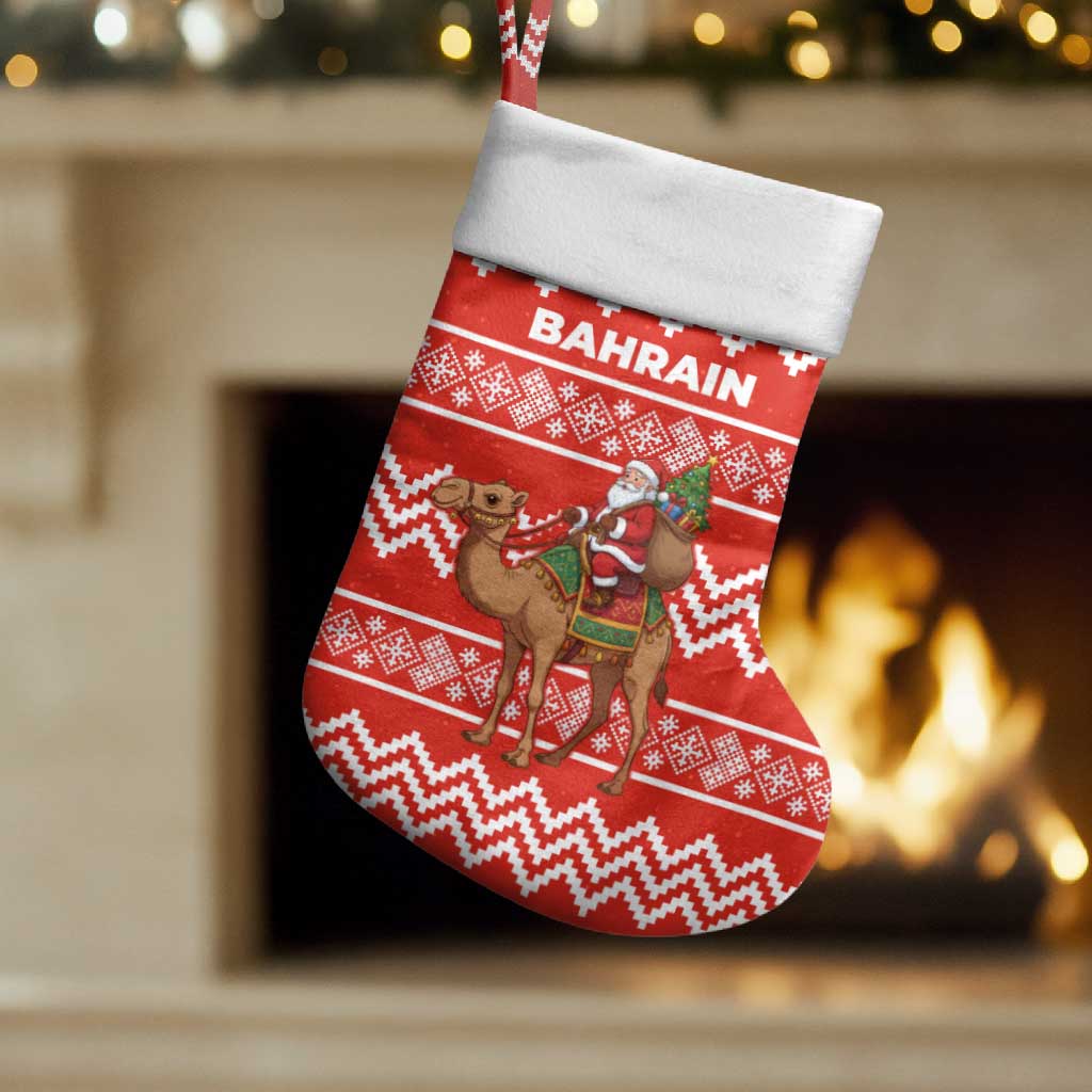 Bahrain Christmas Stocking with Santa Riding Camel Red Geometric Pattern and Festive Design - Wonder Print Shop