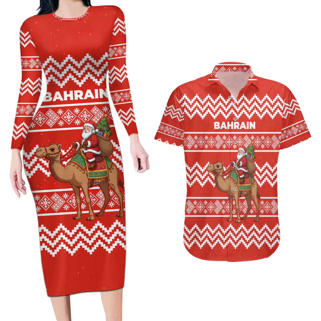 Bahrain Christmas Couples Matching Long Sleeve Bodycon Dress and Hawaiian Shirt with Santa Riding Camel Red Geometric Pattern and Festive Design - Wonder Print Shop