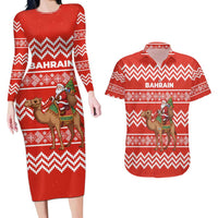Bahrain Christmas Couples Matching Long Sleeve Bodycon Dress and Hawaiian Shirt with Santa Riding Camel Red Geometric Pattern and Festive Design - Wonder Print Shop