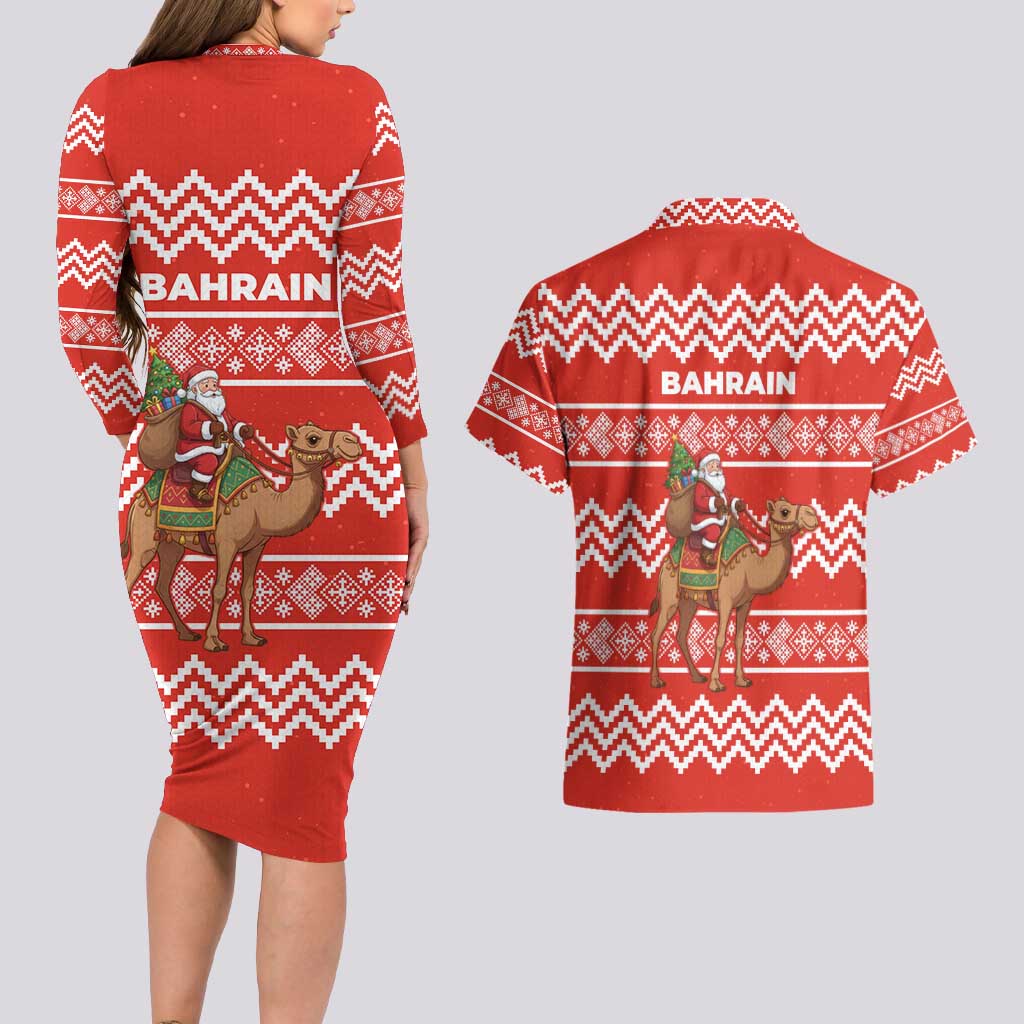 Bahrain Christmas Couples Matching Long Sleeve Bodycon Dress and Hawaiian Shirt with Santa Riding Camel Red Geometric Pattern and Festive Design - Wonder Print Shop