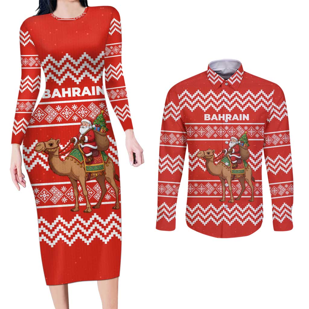 Bahrain Christmas Couples Matching Long Sleeve Bodycon Dress and Long Sleeve Button Shirt with Santa Riding Camel Red Geometric Pattern and Festive Design - Wonder Print Shop