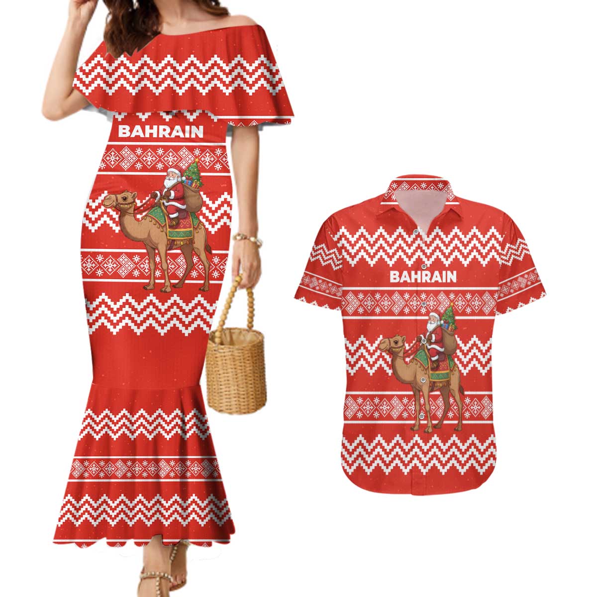 Bahrain Christmas Couples Matching Mermaid Dress and Hawaiian Shirt with Santa Riding Camel Red Geometric Pattern and Festive Design - Wonder Print Shop