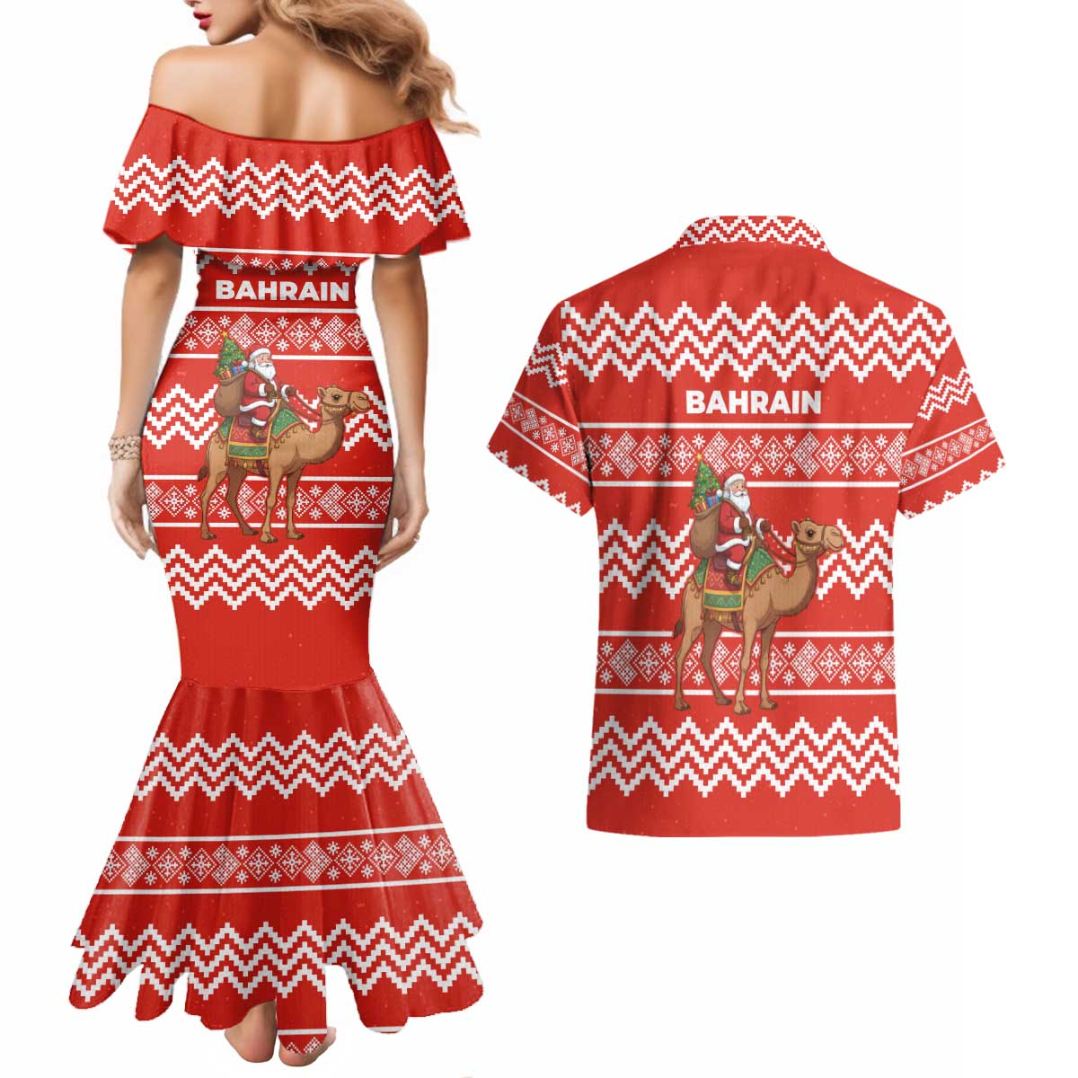 Bahrain Christmas Couples Matching Mermaid Dress and Hawaiian Shirt with Santa Riding Camel Red Geometric Pattern and Festive Design - Wonder Print Shop