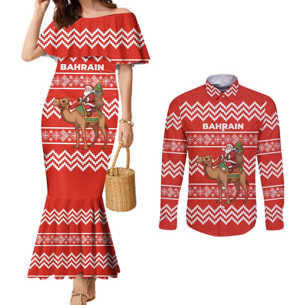 Bahrain Christmas Couples Matching Mermaid Dress and Long Sleeve Button Shirt with Santa Riding Camel Red Geometric Pattern and Festive Design - Wonder Print Shop