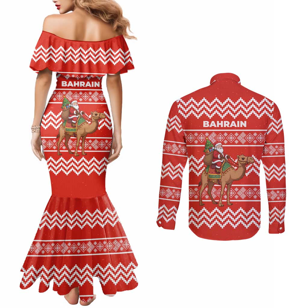 Bahrain Christmas Couples Matching Mermaid Dress and Long Sleeve Button Shirt with Santa Riding Camel Red Geometric Pattern and Festive Design - Wonder Print Shop