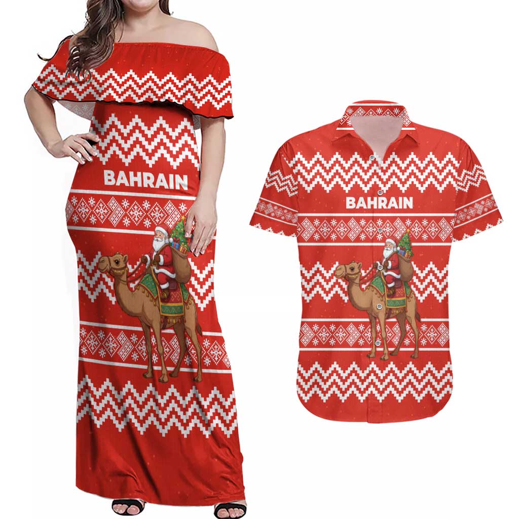 Bahrain Christmas Couples Matching Off Shoulder Maxi Dress and Hawaiian Shirt with Santa Riding Camel Red Geometric Pattern and Festive Design - Wonder Print Shop
