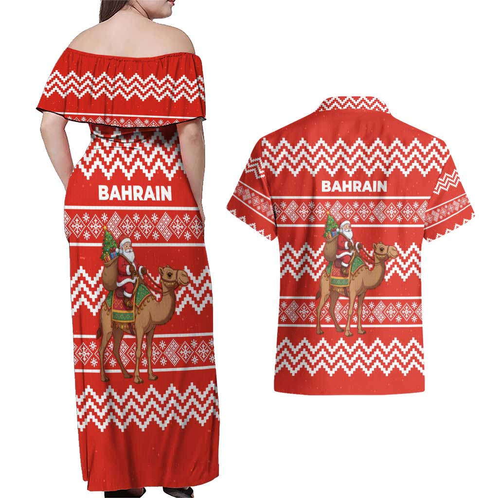 Bahrain Christmas Couples Matching Off Shoulder Maxi Dress and Hawaiian Shirt with Santa Riding Camel Red Geometric Pattern and Festive Design - Wonder Print Shop