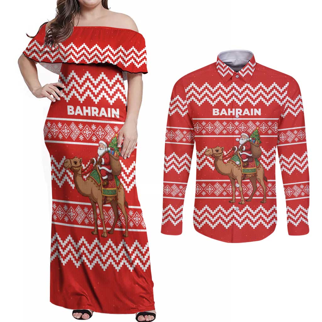Bahrain Christmas Couples Matching Off Shoulder Maxi Dress and Long Sleeve Button Shirt with Santa Riding Camel Red Geometric Pattern and Festive Design - Wonder Print Shop