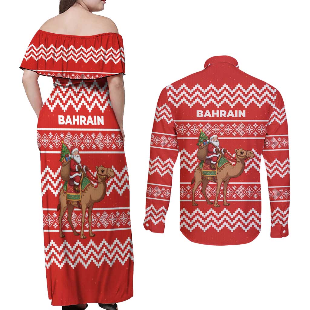 Bahrain Christmas Couples Matching Off Shoulder Maxi Dress and Long Sleeve Button Shirt with Santa Riding Camel Red Geometric Pattern and Festive Design - Wonder Print Shop