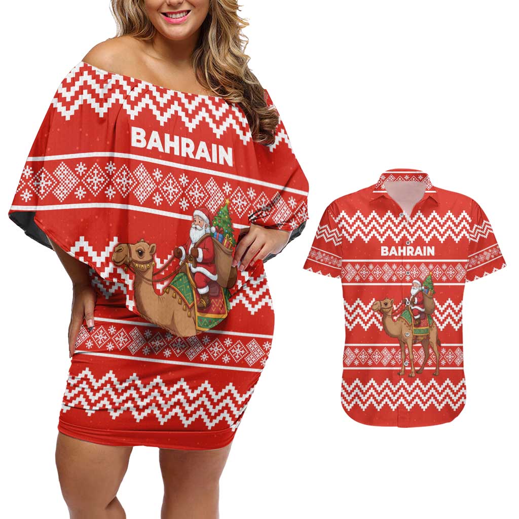 Bahrain Christmas Couples Matching Off Shoulder Short Dress and Hawaiian Shirt with Santa Riding Camel Red Geometric Pattern and Festive Design - Wonder Print Shop