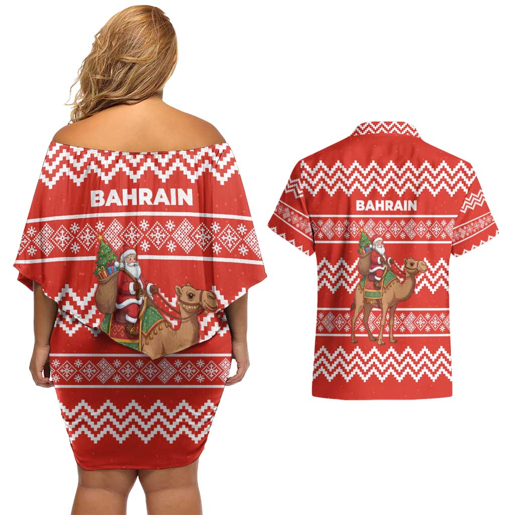 Bahrain Christmas Couples Matching Off Shoulder Short Dress and Hawaiian Shirt with Santa Riding Camel Red Geometric Pattern and Festive Design - Wonder Print Shop