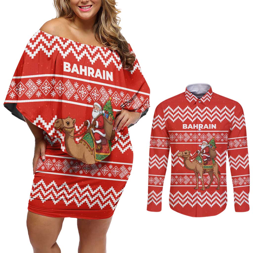 Bahrain Christmas Couples Matching Off Shoulder Short Dress and Long Sleeve Button Shirt with Santa Riding Camel Red Geometric Pattern and Festive Design - Wonder Print Shop