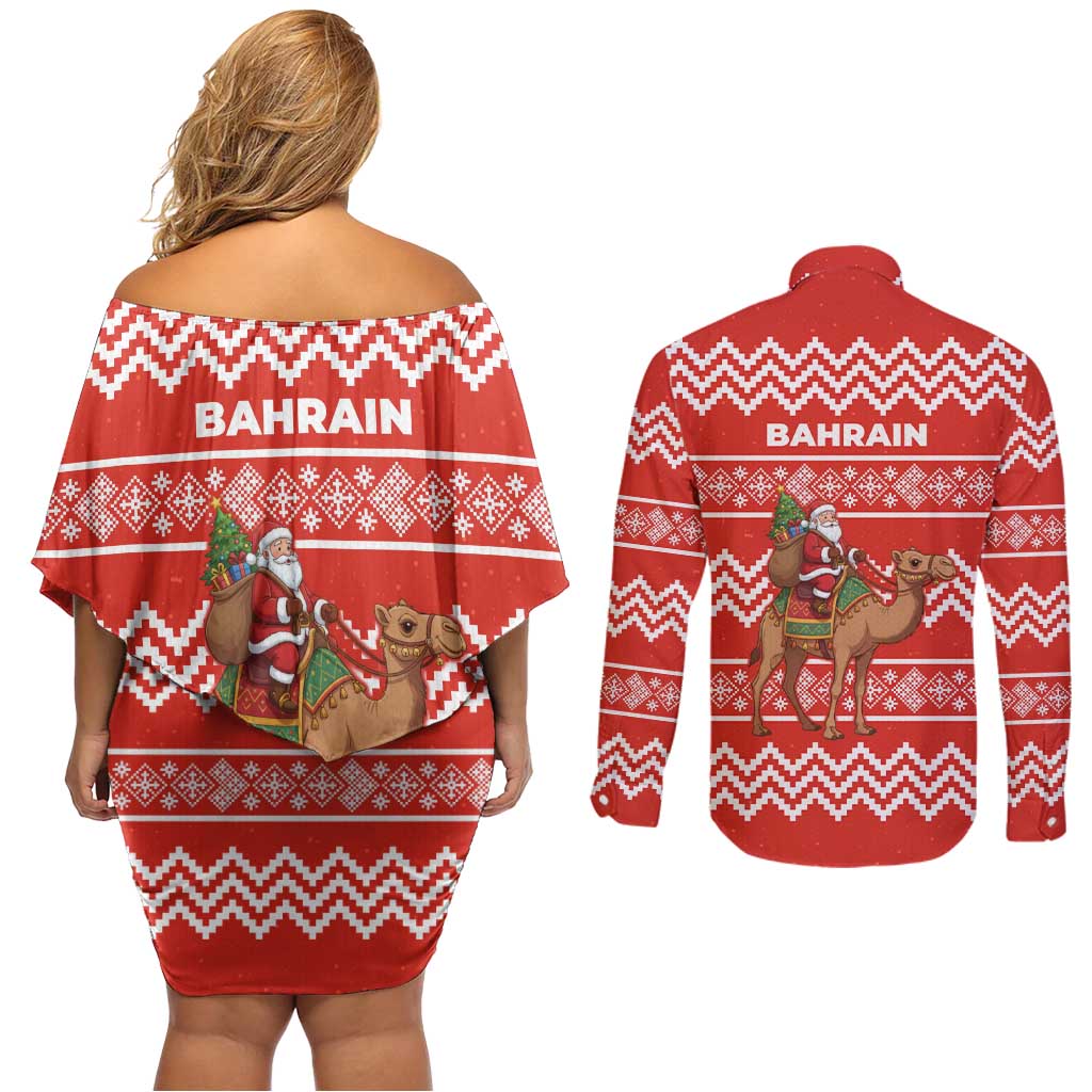 Bahrain Christmas Couples Matching Off Shoulder Short Dress and Long Sleeve Button Shirt with Santa Riding Camel Red Geometric Pattern and Festive Design - Wonder Print Shop