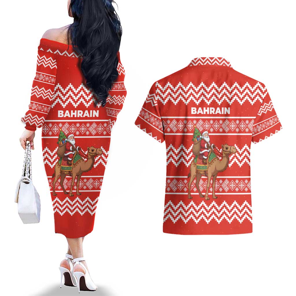 Bahrain Christmas Couples Matching Off The Shoulder Long Sleeve Dress and Hawaiian Shirt with Santa Riding Camel Red Geometric Pattern and Festive Design - Wonder Print Shop