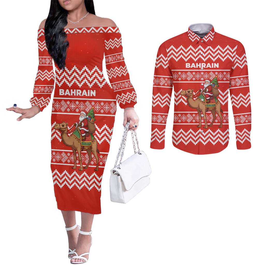 Bahrain Christmas Couples Matching Off The Shoulder Long Sleeve Dress and Long Sleeve Button Shirt with Santa Riding Camel Red Geometric Pattern and Festive Design - Wonder Print Shop