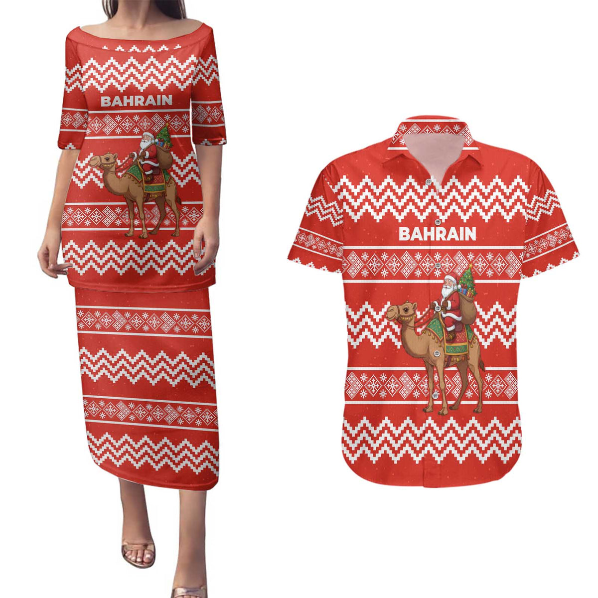 Bahrain Christmas Couples Matching Puletasi and Hawaiian Shirt with Santa Riding Camel Red Geometric Pattern and Festive Design - Wonder Print Shop