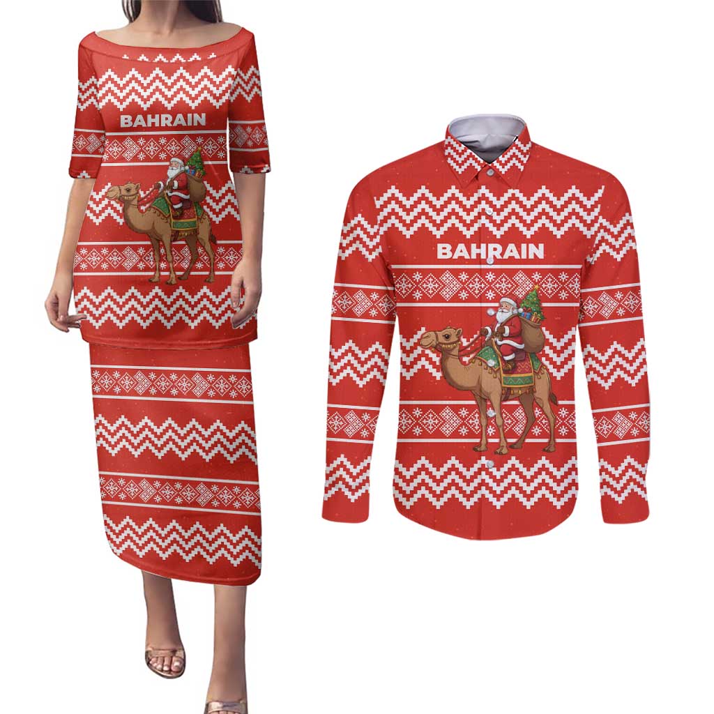 Bahrain Christmas Couples Matching Puletasi and Long Sleeve Button Shirt with Santa Riding Camel Red Geometric Pattern and Festive Design - Wonder Print Shop