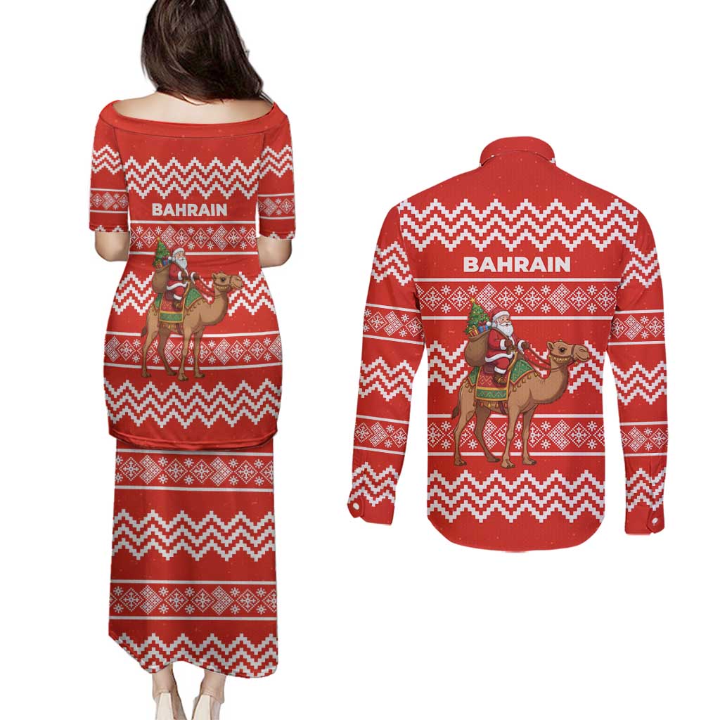 Bahrain Christmas Couples Matching Puletasi and Long Sleeve Button Shirt with Santa Riding Camel Red Geometric Pattern and Festive Design - Wonder Print Shop