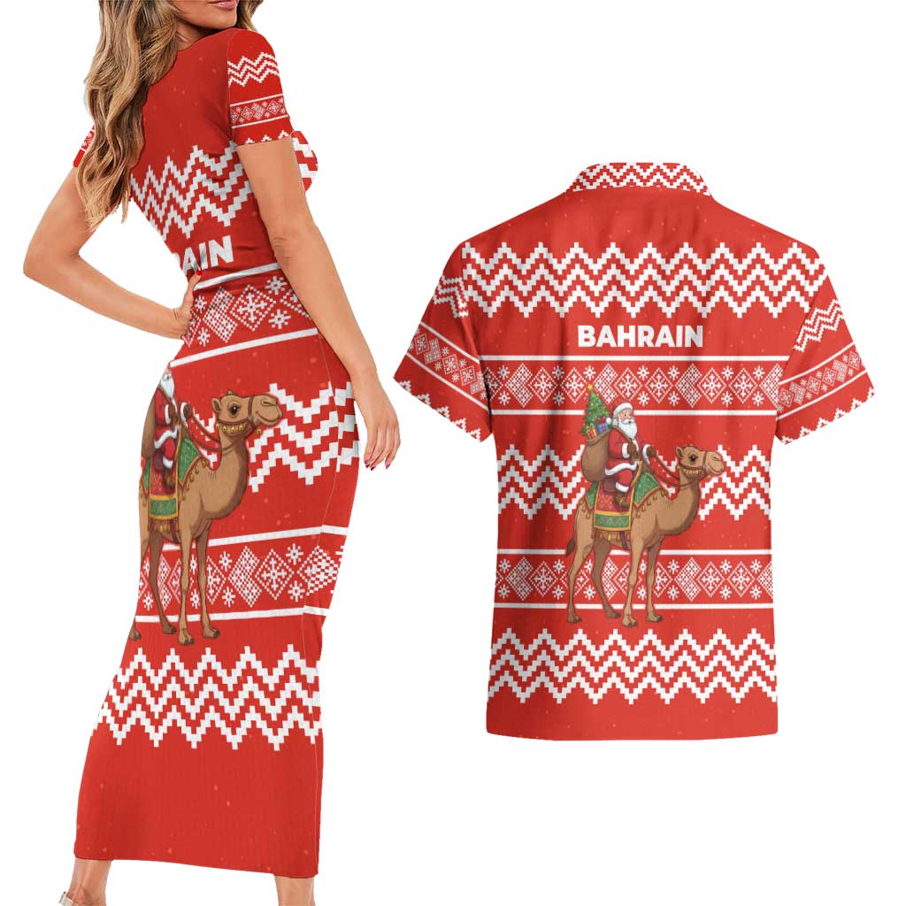Bahrain Christmas Couples Matching Short Sleeve Bodycon Dress and Hawaiian Shirt with Santa Riding Camel Red Geometric Pattern and Festive Design - Wonder Print Shop