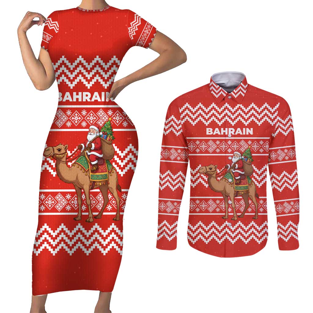 Bahrain Christmas Couples Matching Short Sleeve Bodycon Dress and Long Sleeve Button Shirt with Santa Riding Camel Red Geometric Pattern and Festive Design - Wonder Print Shop
